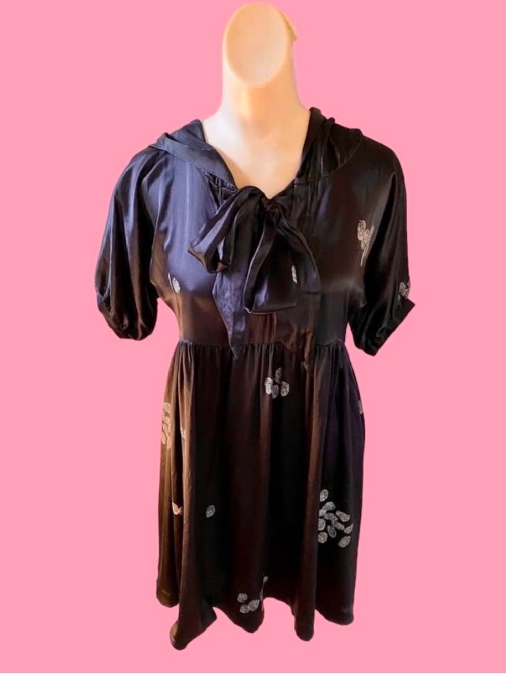 Cynthia Rowley 1990s Black Novelty Fingerprint Hooded Mini Dress XS - Small